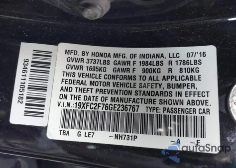 2016 Honda Civic Ex z USA, uszkodzony, nr VIN 19XFC2F76GE236767
